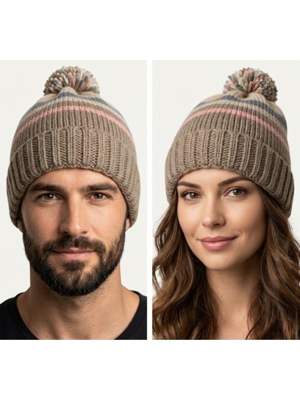 ⭐Oz Adult Beanie Chunky Hand-Knit Hat Pom Pom hats Adult unisex stripped Brown⭐